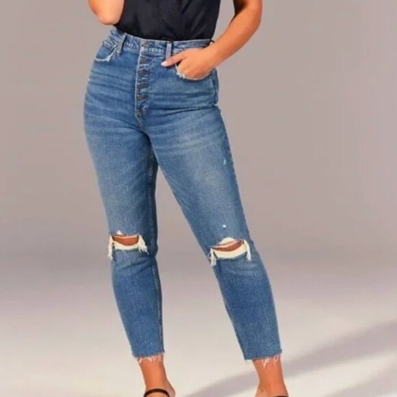 Abercrombie & Fitch Denim - Abercrombie Ultra High Rise Mom Jeans Denim 24 00R Blue Ripped Raw Hem Straight